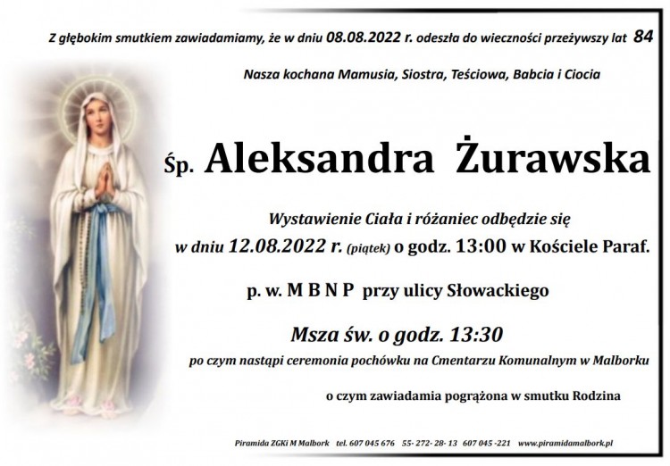 Zmarła Aleksandra Żurawska. Żyła 84 lata.