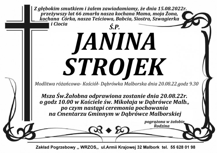 Zmarła Janina Strojek. Żyła 66 lat.