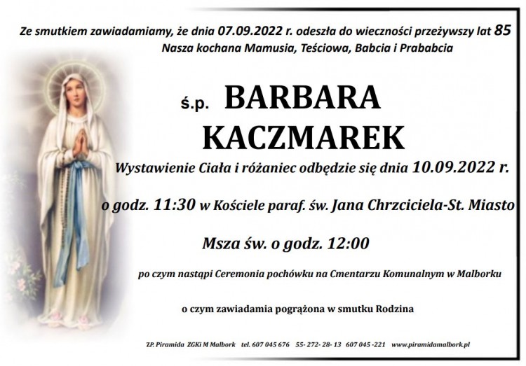 Zmarła Barbara Kaczmarek. Żyła 85 lat.