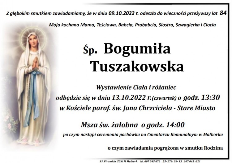 Zmarła Bogumiła Tuszakowska. Żyła 84 lat.