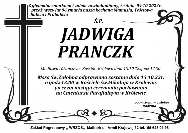 Zmarła Jadwiga Pranczak. Miała 96 lat.