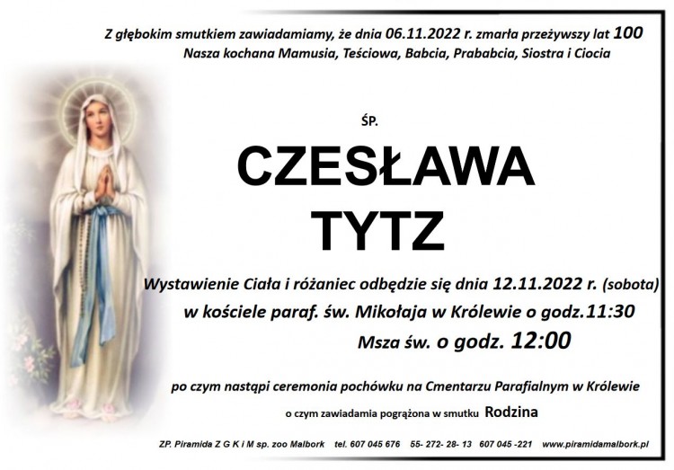 Zmarła Czesława Tytz. Miała 100 lat.