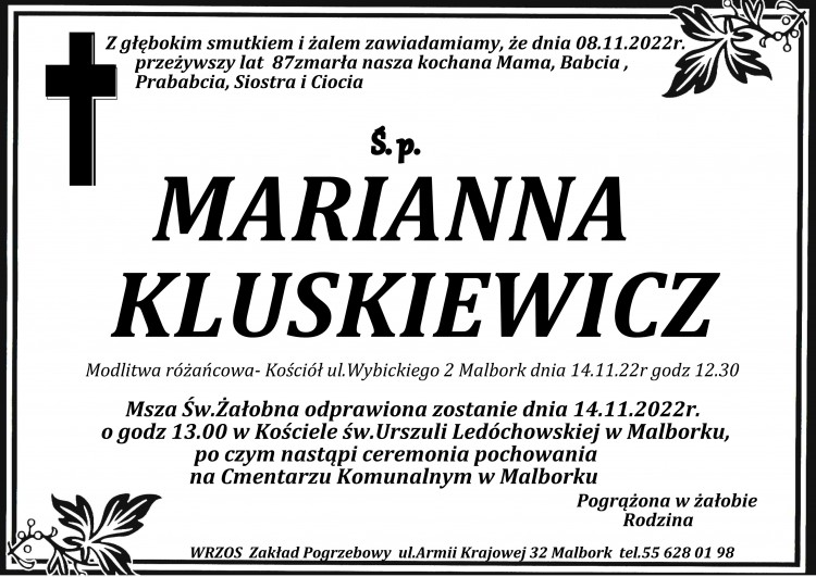 Zmarła Marianna Kluskiewicz. Żyła 87 lat.