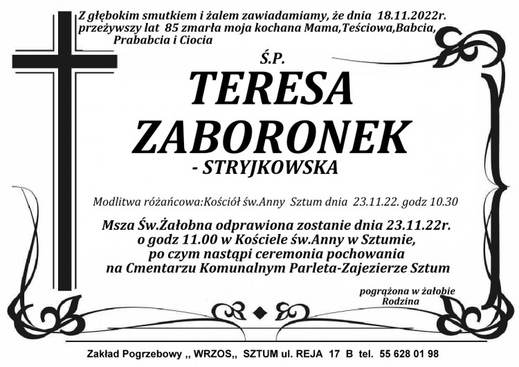 Zmarła Teresa Zaboronek. Żyła 85 lat.