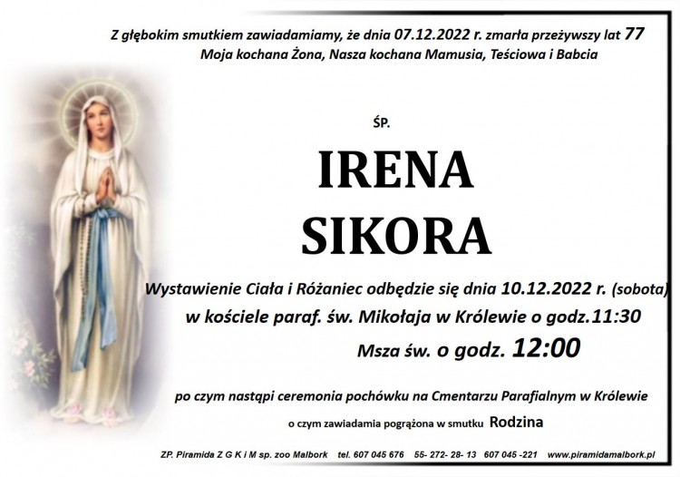 Zmarła Irena Sikora. Żyła 77 lat.
