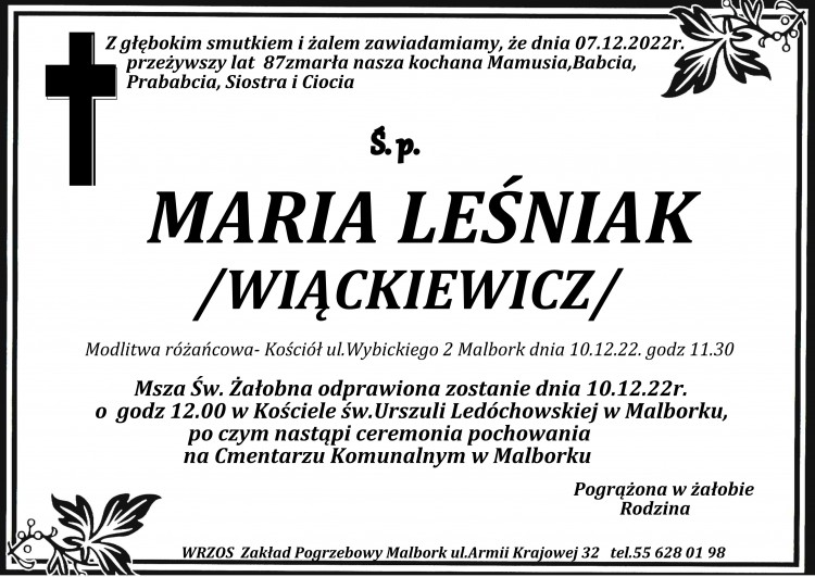 Zmarła Maria Leśniak. Żyła 87 lat.