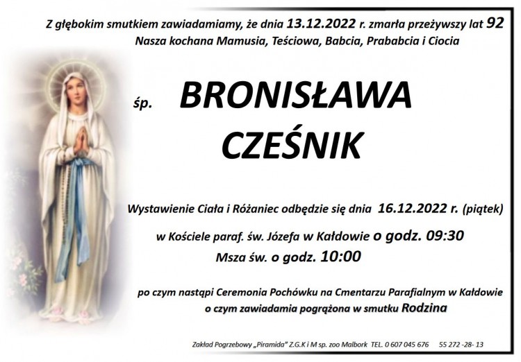 Zmarła Bronisława Cześnik. Miała 92 lata.