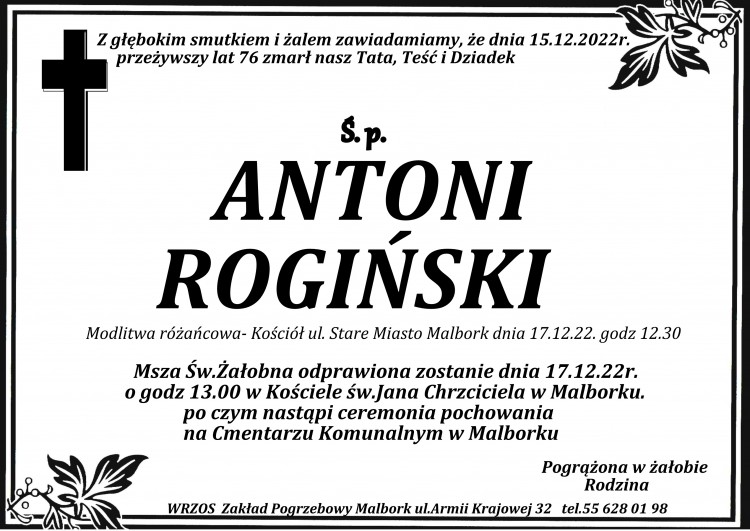 Zmarł Antoni Rogiński. Miał 76 lat.