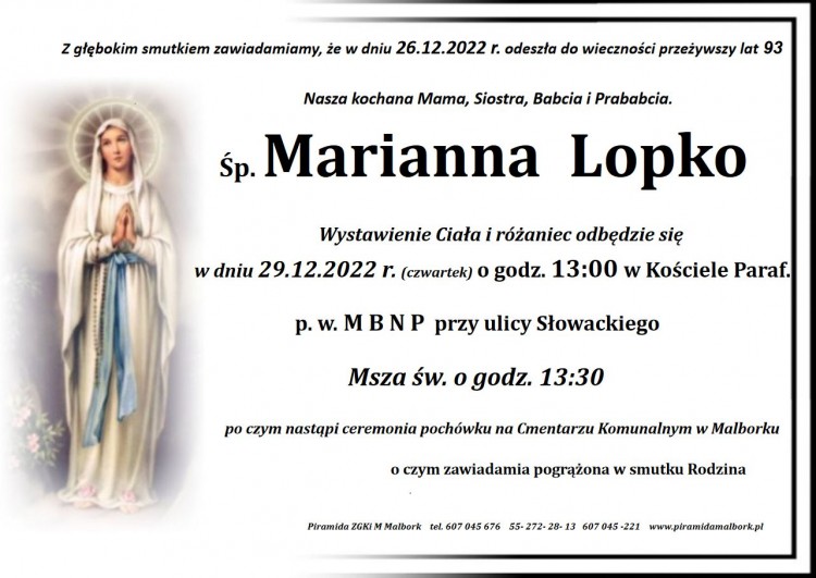Zmarła Marianna Lopko. Żyła 93 lata.