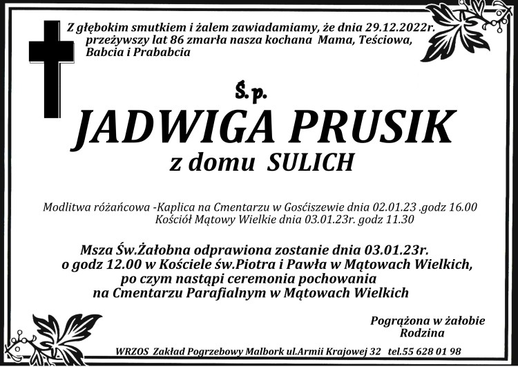 Zmarła Jadwiga Prusik. Żyła 86 lat.