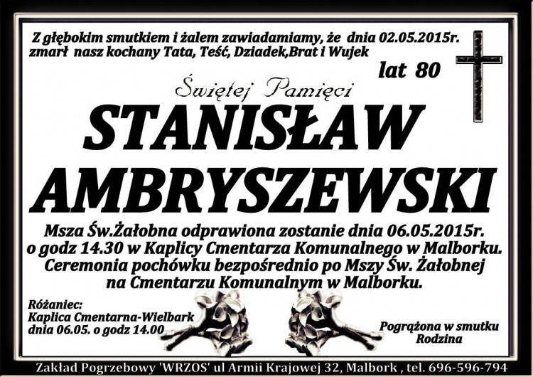 ZMARŁ STANISŁAW AMBRYSZEWSKI. ŻYŁ 80 LAT