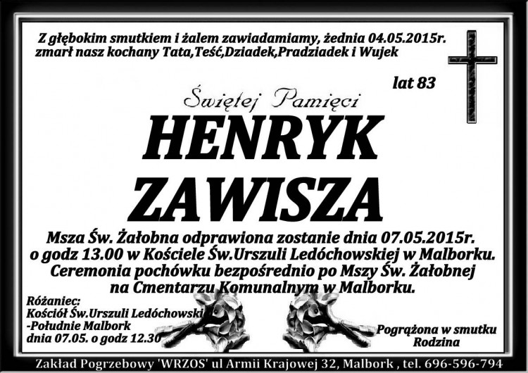 ZMARŁ HENRYK ZAWISZA. ŻYŁ 83 LAT