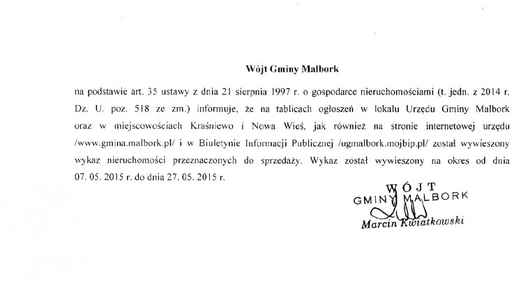 WÓJT GMINY MALBORK INFORMUJE O WYKAZIE NIERUCHOMOŚCI PRZEZNACZONYCH&#8230;