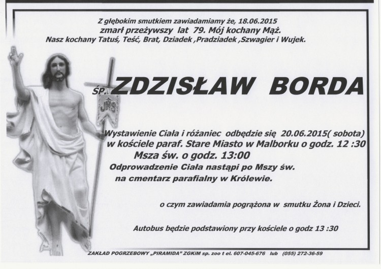 ZMARŁ ZDZISŁAW BORDA. ŻYŁ 79 LAT.