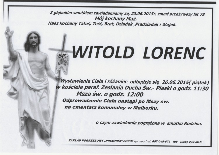 ZMARŁ WITOLD LORENC. ŻYŁ 78 LAT.