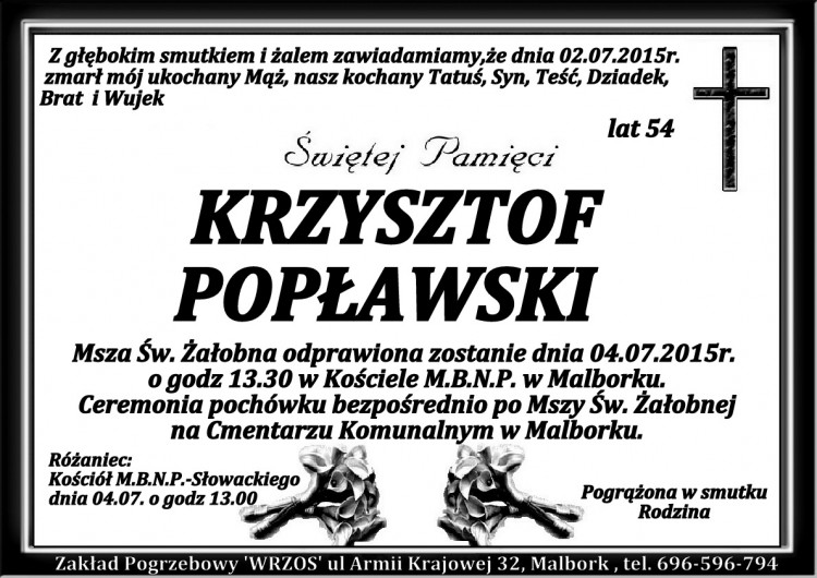 ZMARŁ KRZYSZTOF POPŁAWSKI. ŻYŁ 54 LATA.