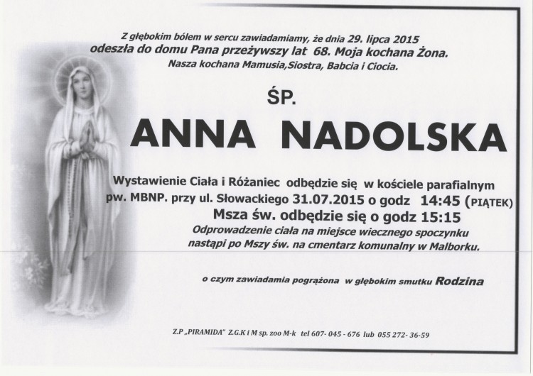 ZMARŁA ANNA NADOLSKA. ŻYŁA 68 LAT.