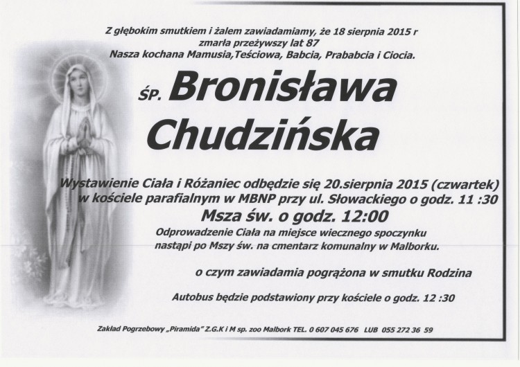 ZMARŁA BRONISŁAWA CHUDZIŃSKA. ŻYŁA 87 LAT