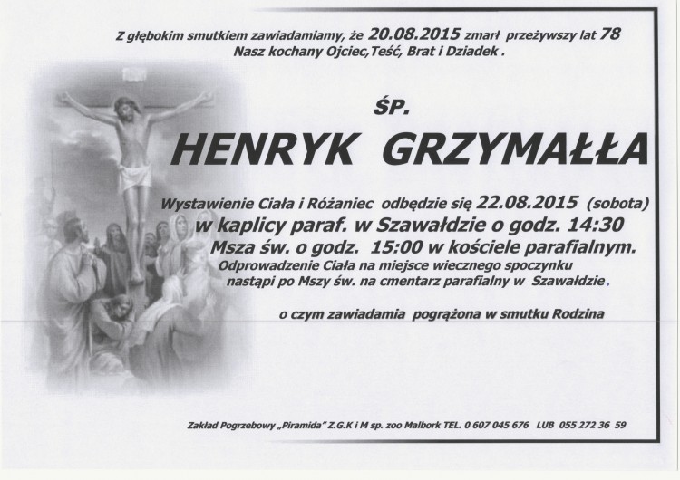 ZMARŁ HENRYK GRZYMAŁŁA. ŻYŁ 78 LAT