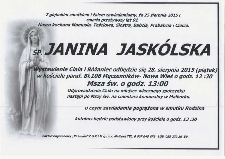 ZMARŁA JANINA JASKÓLSKA. ŻYŁA 91 LAT.