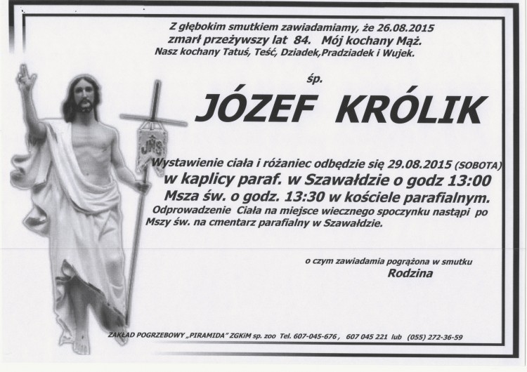 ZMARŁ JÓZEF KRÓLIK. ŻYŁ 84 LATA