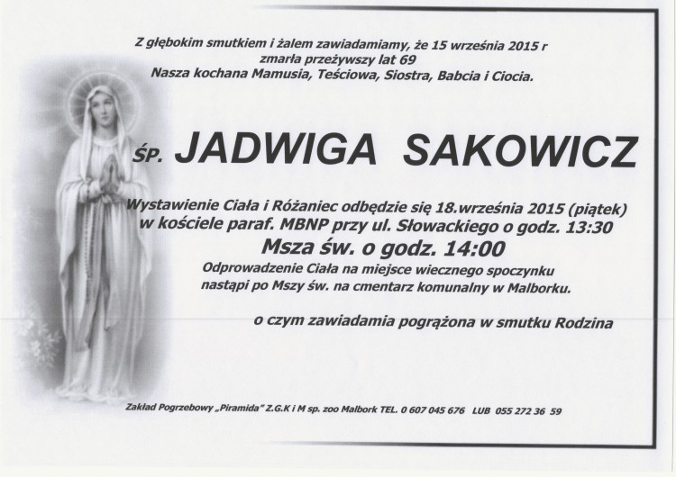 ZMARŁA JADWIGA SAKOWICZ. ŻYŁA 69 LAT.