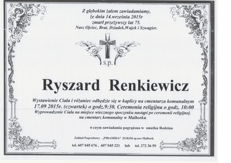 ZMARŁ RYSZARD RENKIEWICZ. ŻYŁ 75 LAT.