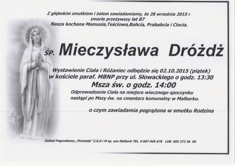 Zmarła Mieczysława Dróżdż. Żyła 87 lat.