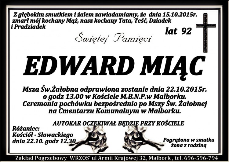 Zmarł Edward Miąc. Żył 92 lata.