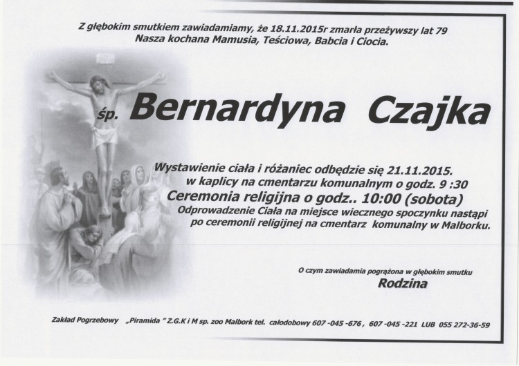 Zmarła Bernardyna Czajka. Żyła 79 lat.