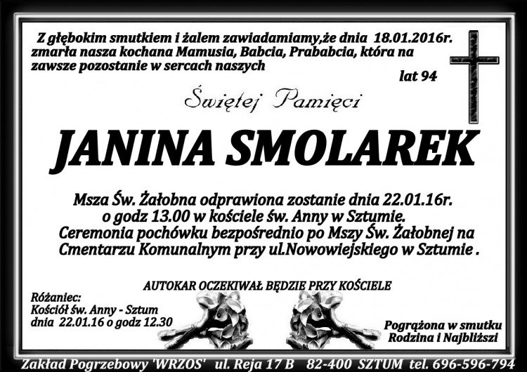 Zmarła Janina Smolarek. Żyła 82 lata.