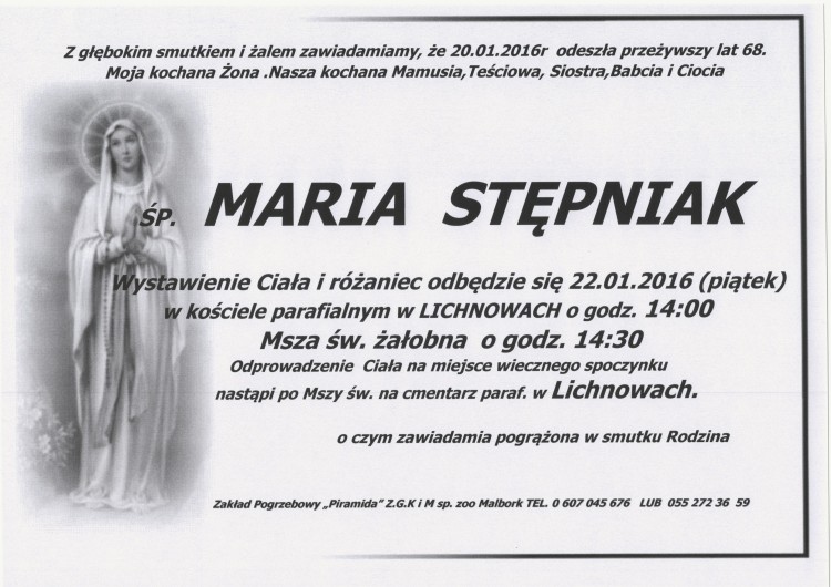 Zmarła Maria Stępniak. Żyła 68 lat.