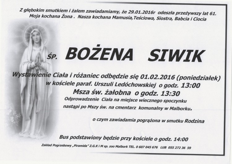 Zmarła Bożena Siwik. Żyła 61 lat.