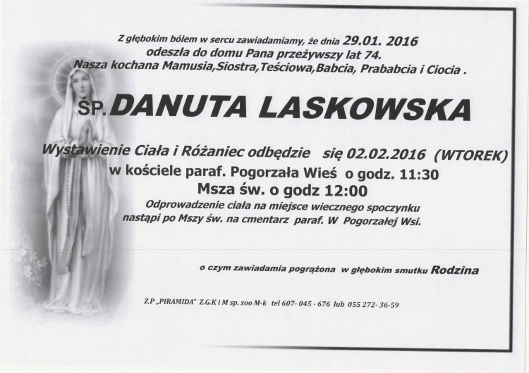 Zmarła Danuta Laskowska. Żyła 74 lat.