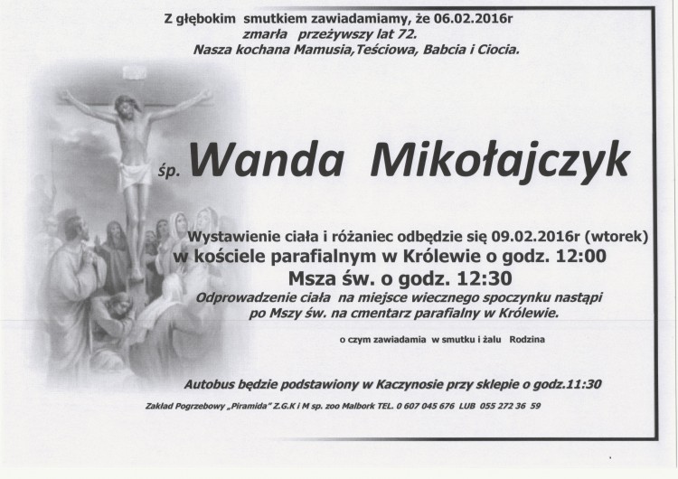 Zmarła Wanda Mikołajczyk. Żyła 72 lata.