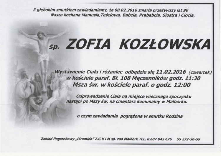 Zmarła Zofia Kozłowska. Żyła 90 lat.