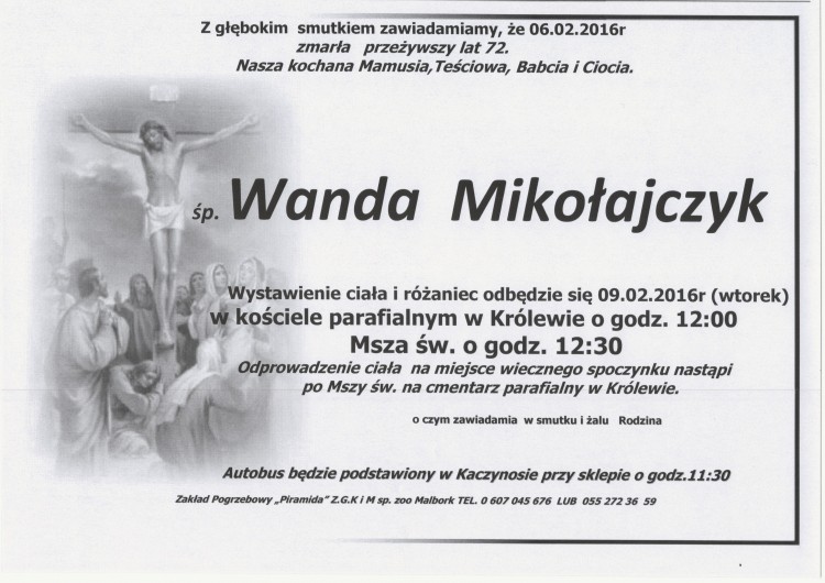 Zmarła Wanda Mikołajczyk. Żyła 72 lata.