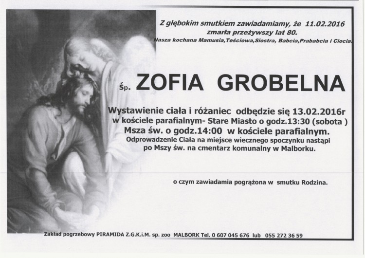 Zmarła Zofia Grobelna. Żyła 80 lat.