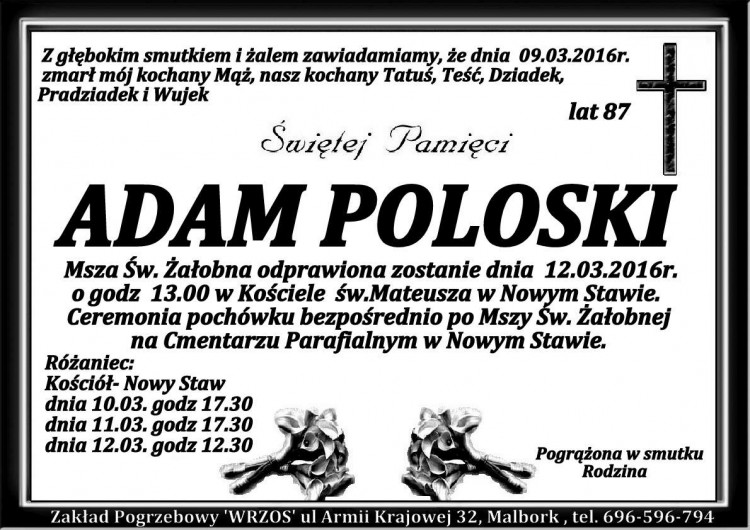 Zmarł Adam Poloski. Żył 87 lat.