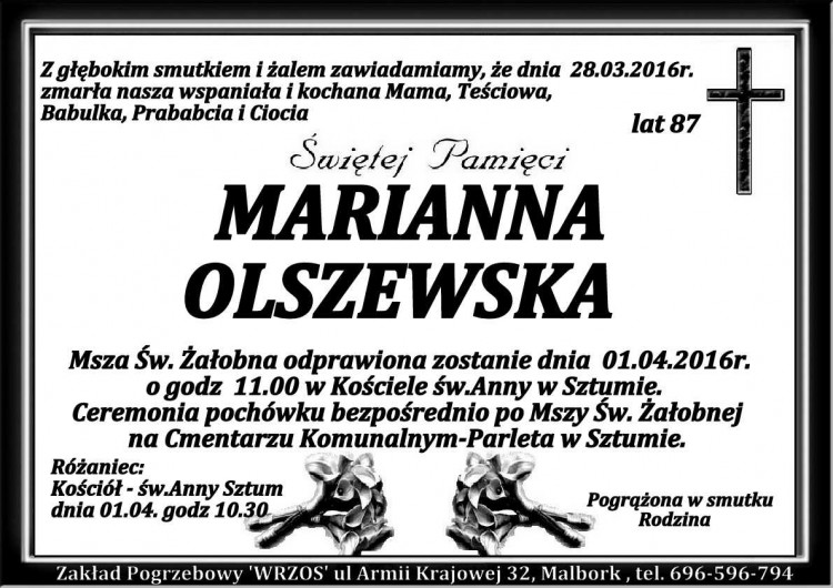 Zmarła Marianna Olszewska. Żyła 87 lat.