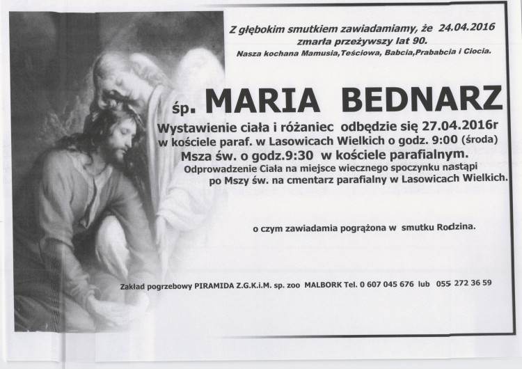 Zmarła Maria Bednarz. Żyła 90 lat.