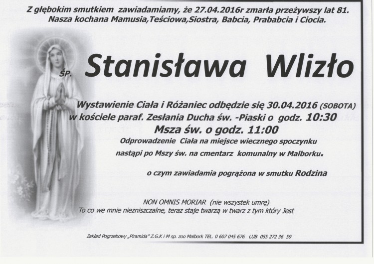 Zmarła Stanisława Wlizło. Żyła 81 lat.