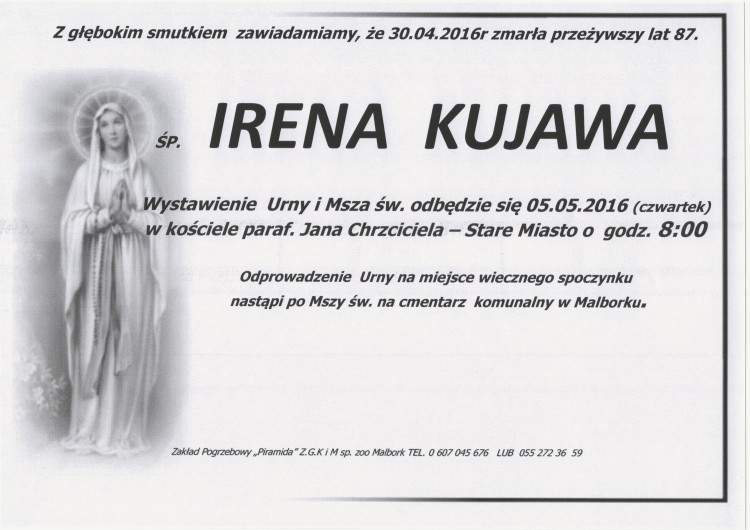 Zmarła Irena Kujawa. Żyła 87 lat.