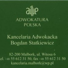 Logo: Kancelaria Adwokacka Bogdan Statkiewicz  ul. Witosa 6, 82-200 Malbork Tel. 55 612 31 50