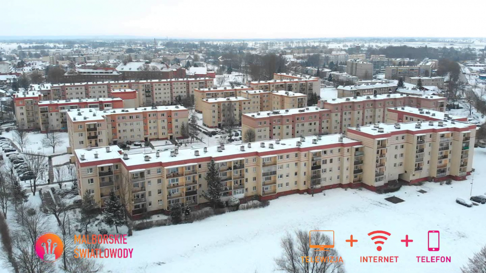 Zimowy Nowy Dwór Gdański z lotu ptaka.