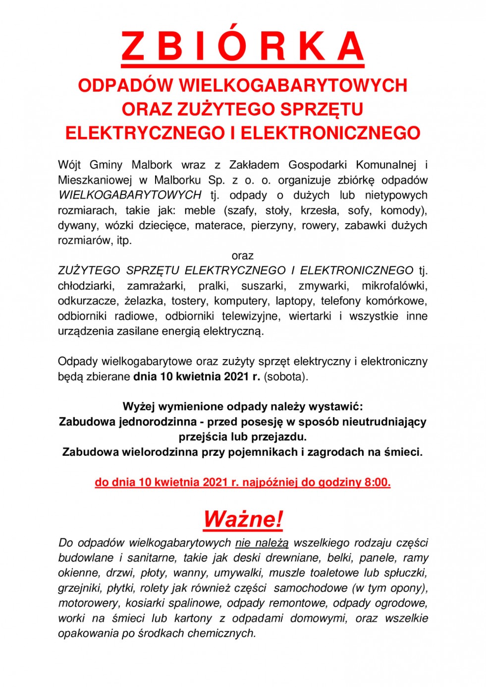 Gmina Malbork. 10 kwietnia odbędzie się zbiórka odpadów wielkogabarytowych oraz zużytego sprzętu elektrycznego i elektronicznego.