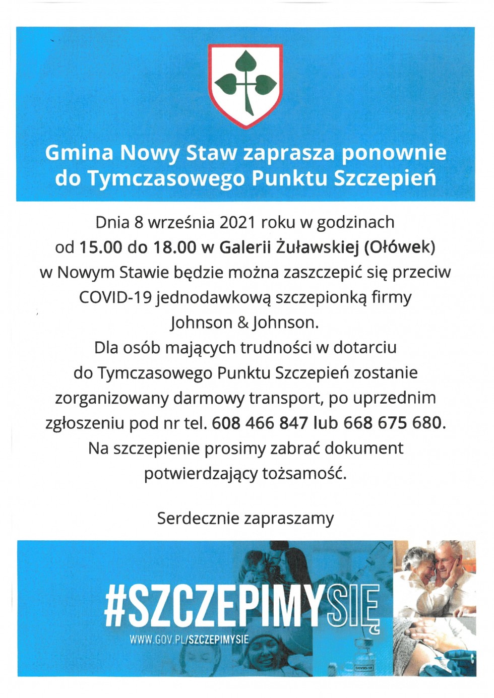 Zaszczep się w Ołówku - gmina Nowy Staw zaprasza do Tymczasowego Punktu Szczepień.