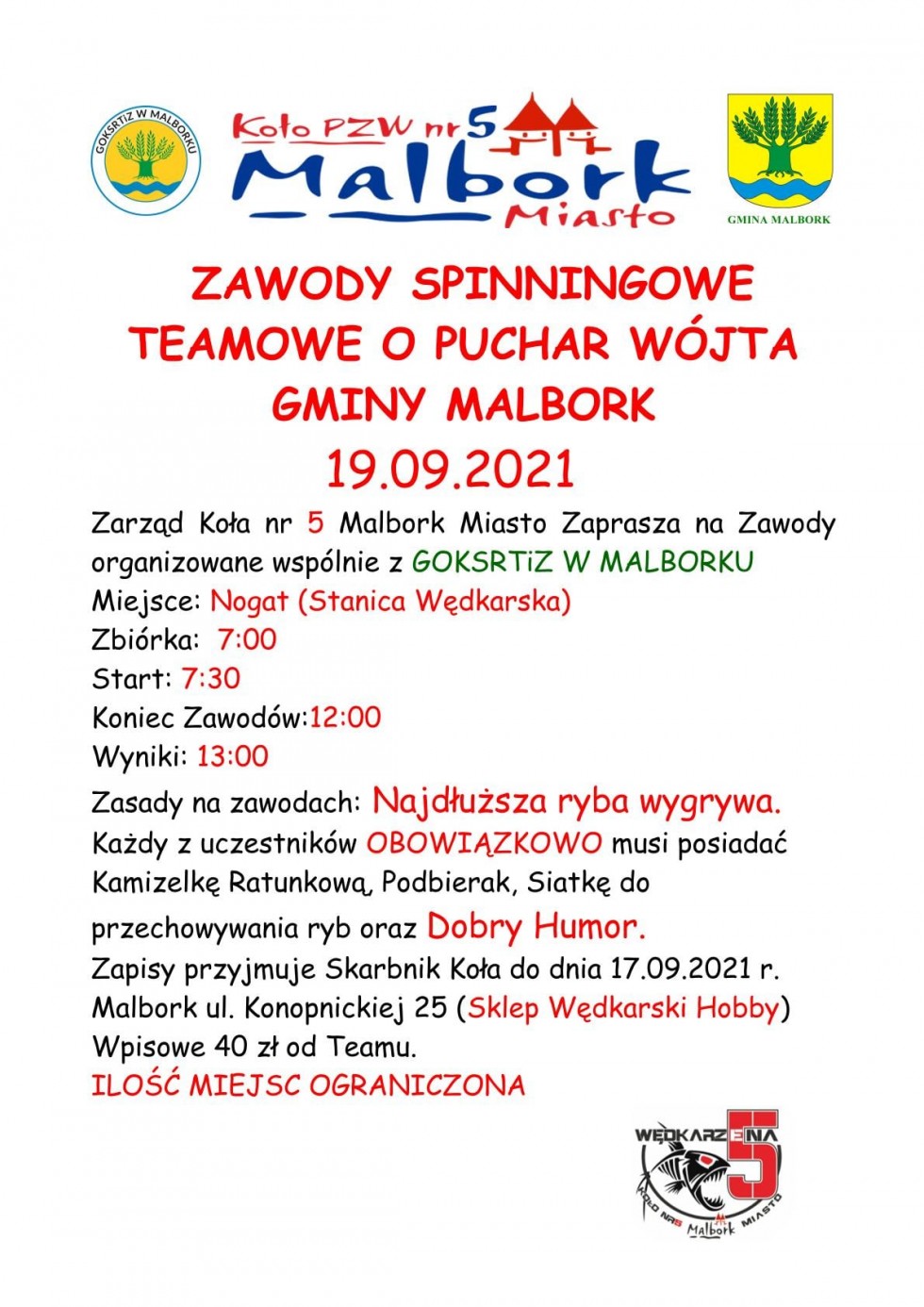 Gmina Malbork. Trwają zapisy na zawody spinningowe teamowe o Puchar Wójta Gminy Malbork.