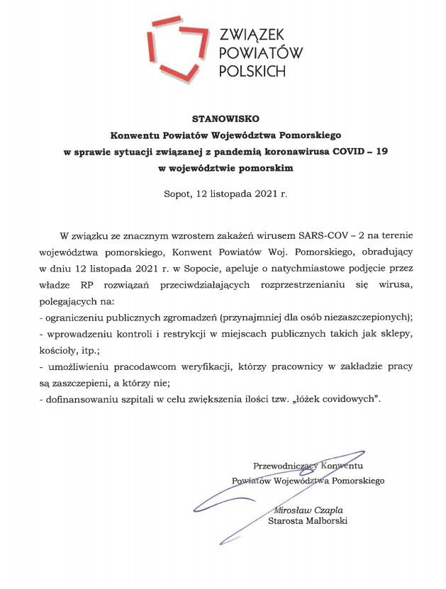 Konwent Powiatów Województwa Pomorskiego wystosował apel do polskiego rządu w sprawie pandemii.