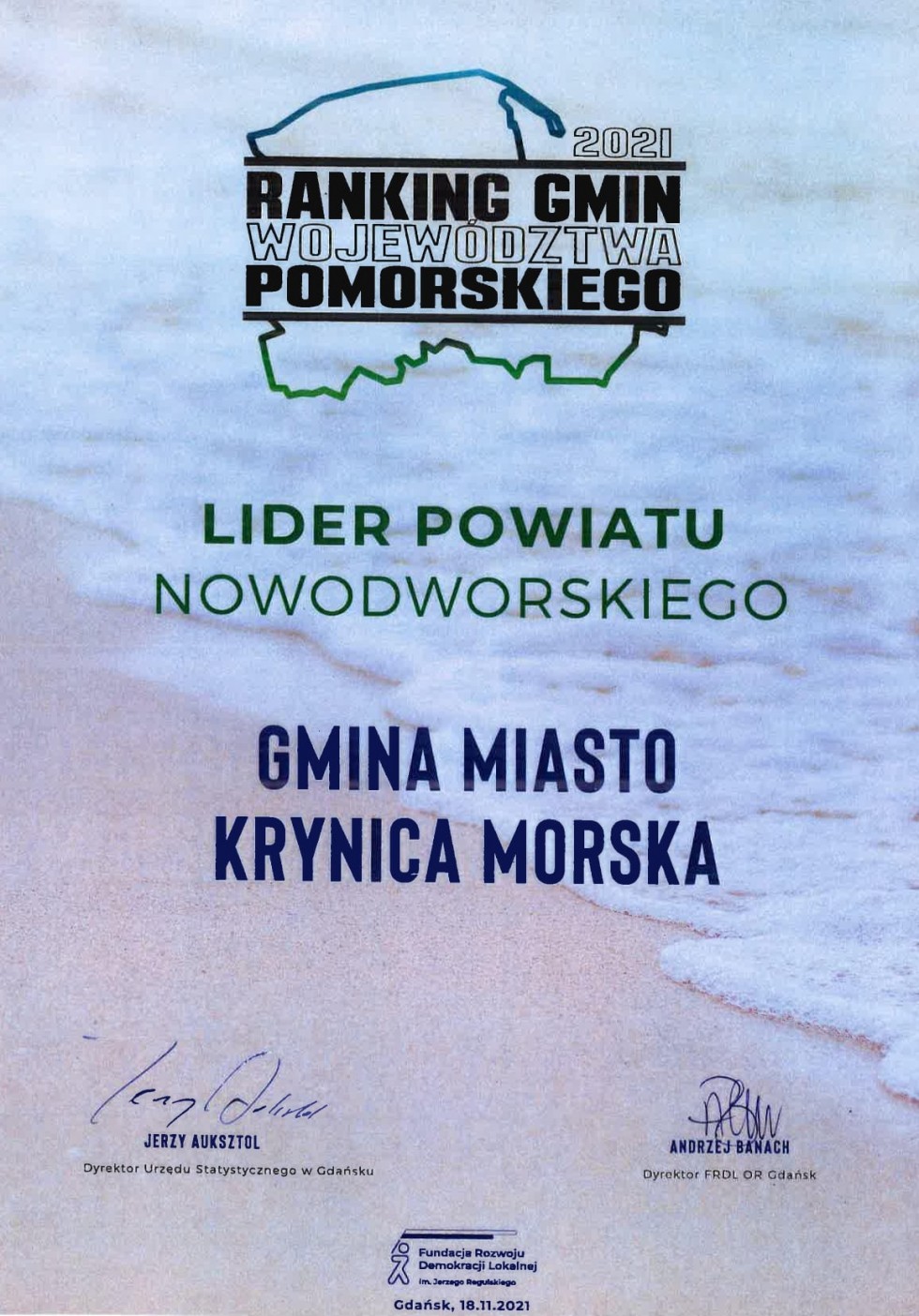 Krynica Morska liderem Rankingu Gmin 2021 województwa pomorskiego.